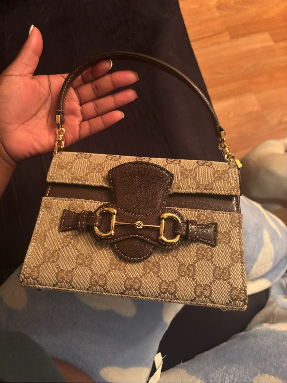 Gucci Beige Monogram Mini Top Handle Bag with Brown Leather Trim